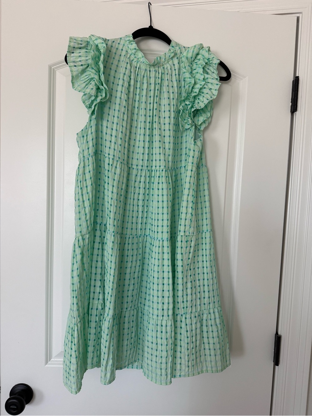 Umgee Mint Green and Blue Gingham Ruffle Sleeve Tiered Dress